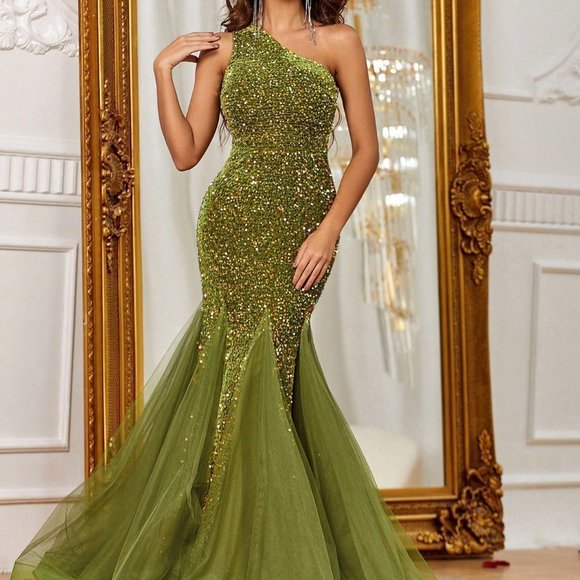 . Dresses & Skirts - Olive Preppy Womens One Shoulder Sequin Formal Dress